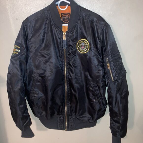 Bravo Series Black Flight Jacket By Burk’s Bay Mens US Army Vietnam Veteran Sz L - Picture 1 of 10